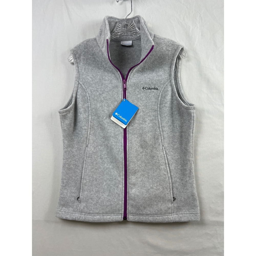 Columbia Fleece Vest Womens Medium Grey Purple Full Zip Mock Neck Soft Layer